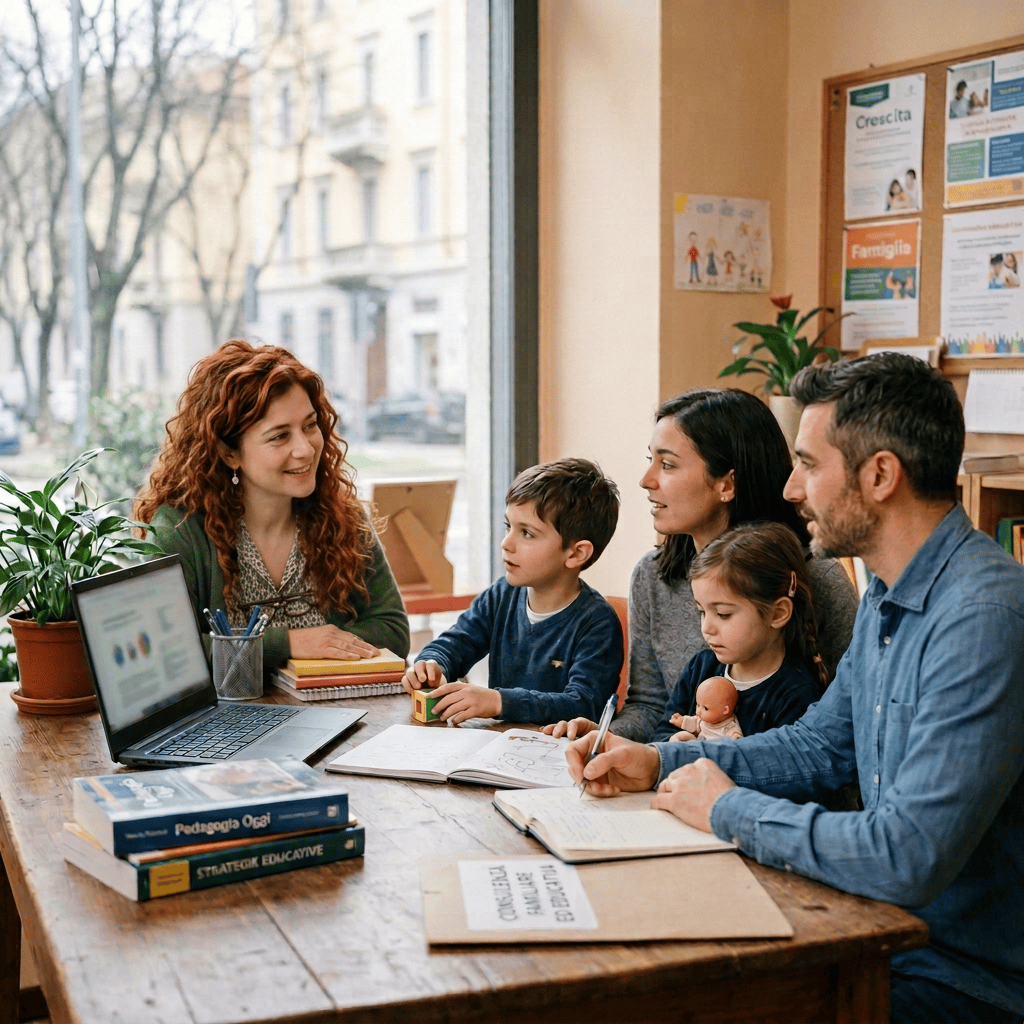 Consulente educativa con lunghi capelli rossi